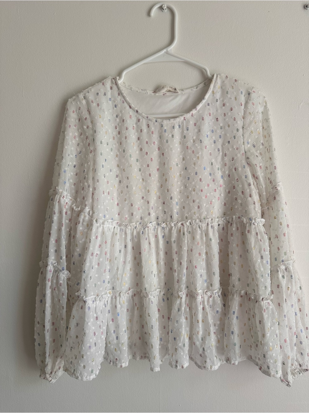 Altar’d State White Swiss Dot Tiered Blouse Rainbow Metallic Size S